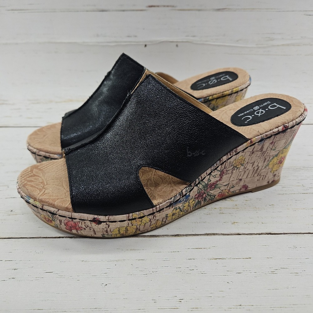 B.O.C. Summer‎ II Sandal Womens 10 Black Leather Wedge Cork Heel Floral Platform